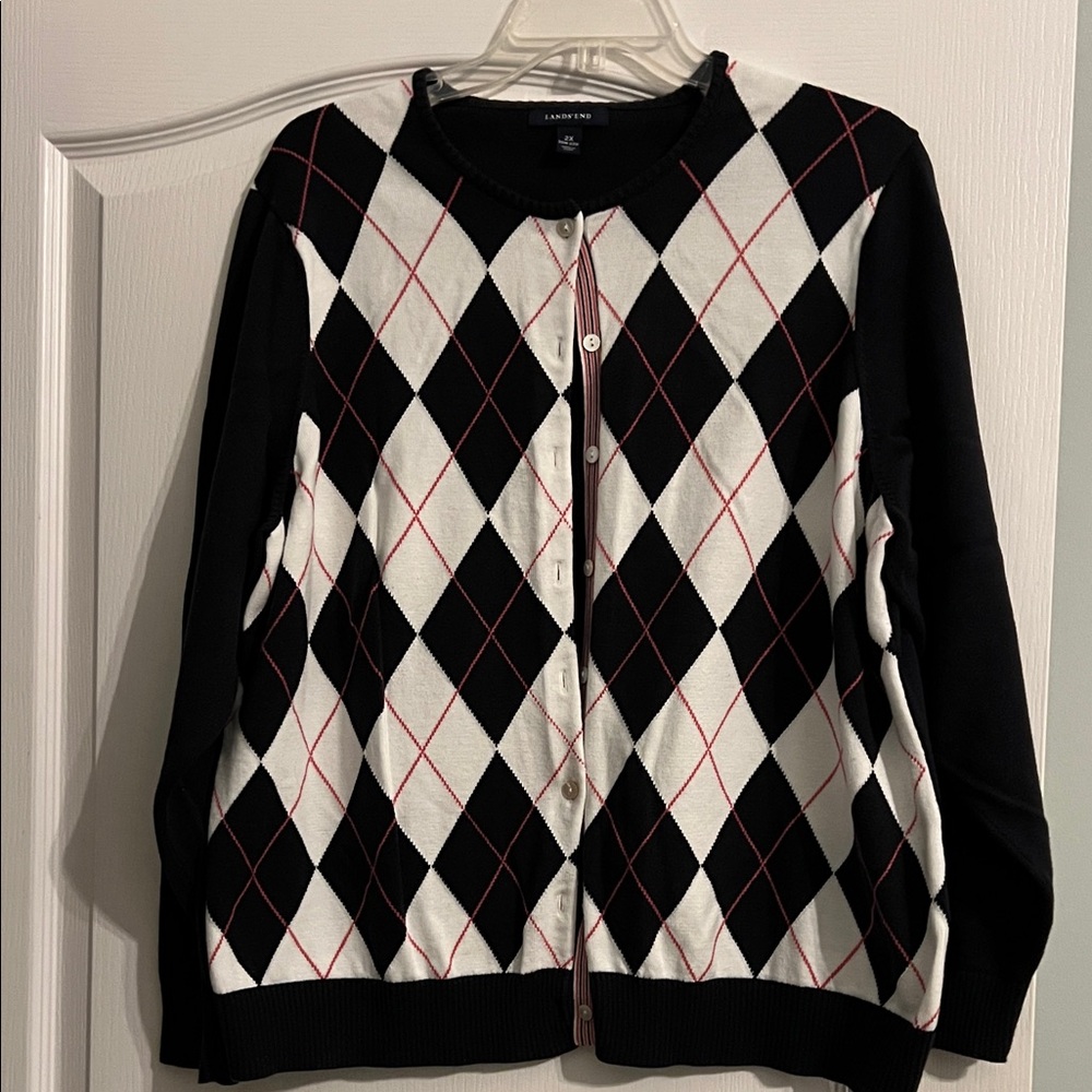 Plus size 2X Lands' End Navy and Pink Argyle Cardigan